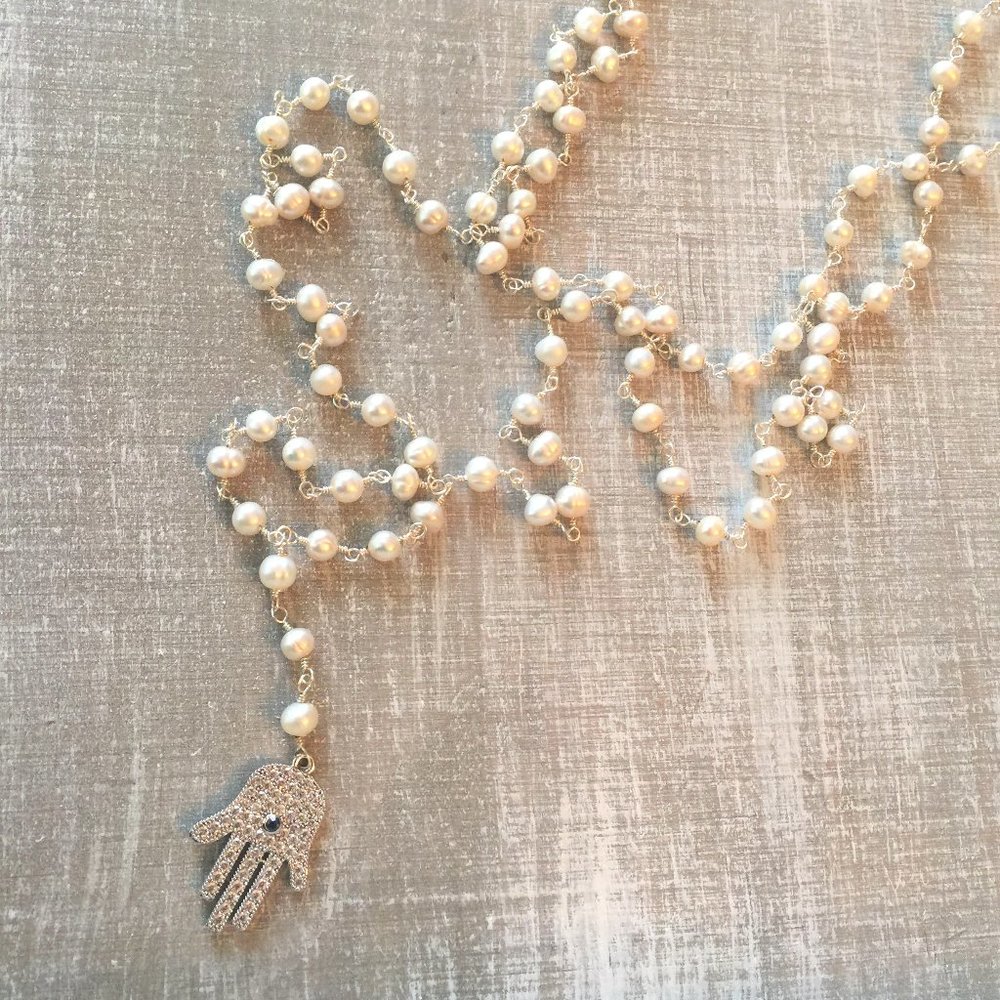 Cultured Pearl CZ Hamsa Hand Pendant Necklace